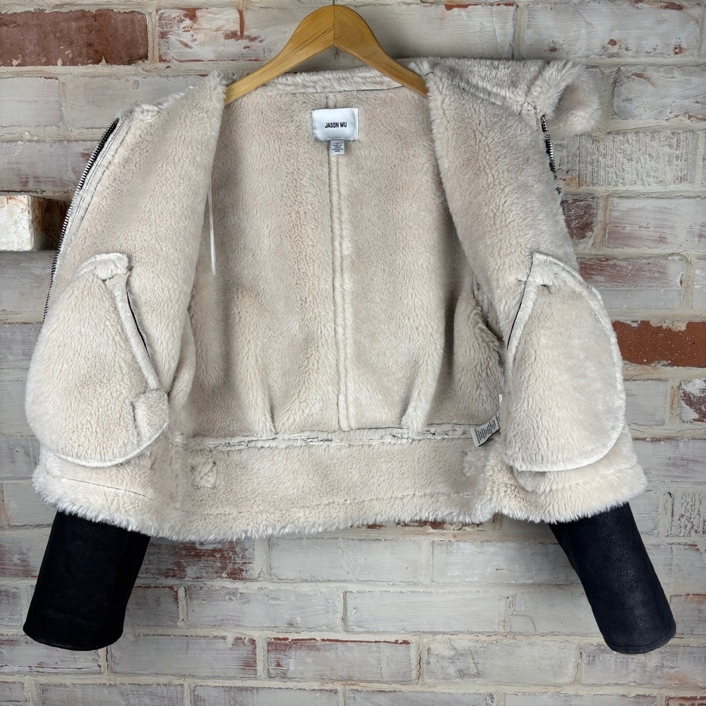 Jason Wu Faux Leather Shearling Moto Jacket Cropped Faux Fur Collar Size S - Picture 5 of 12